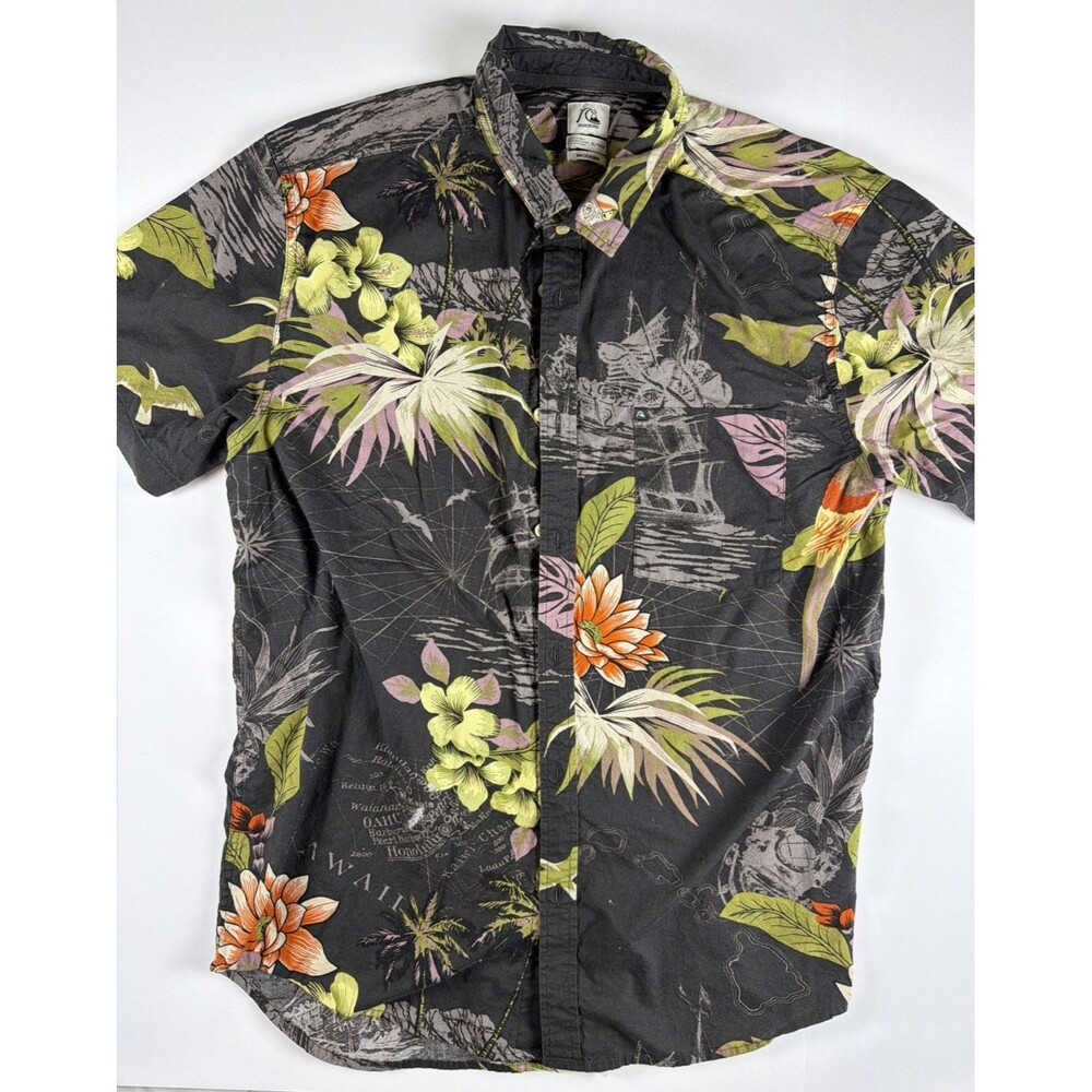 Quiksilver Modern Fit Shirt XL Black Hawaiian Floral Ship Map Print Short Sleeve